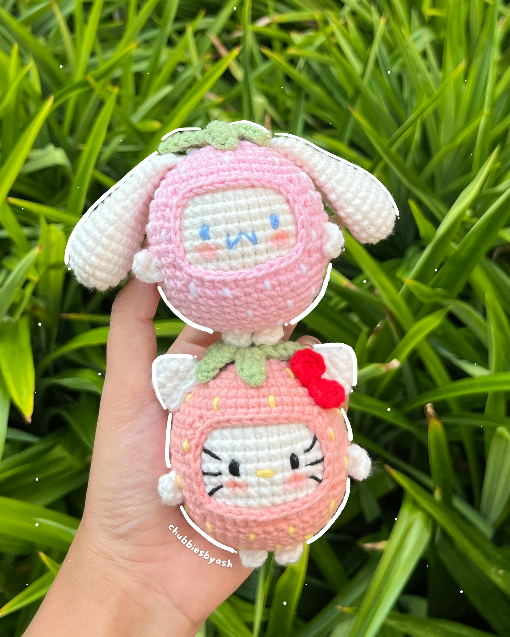 crochet plushies in strawberry outfit