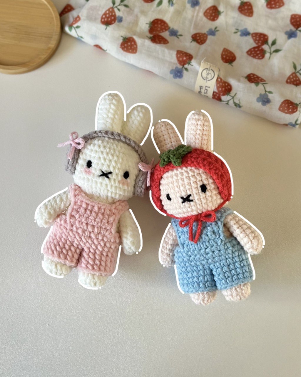 Crochet Miffy wearing cute overalls and headphones